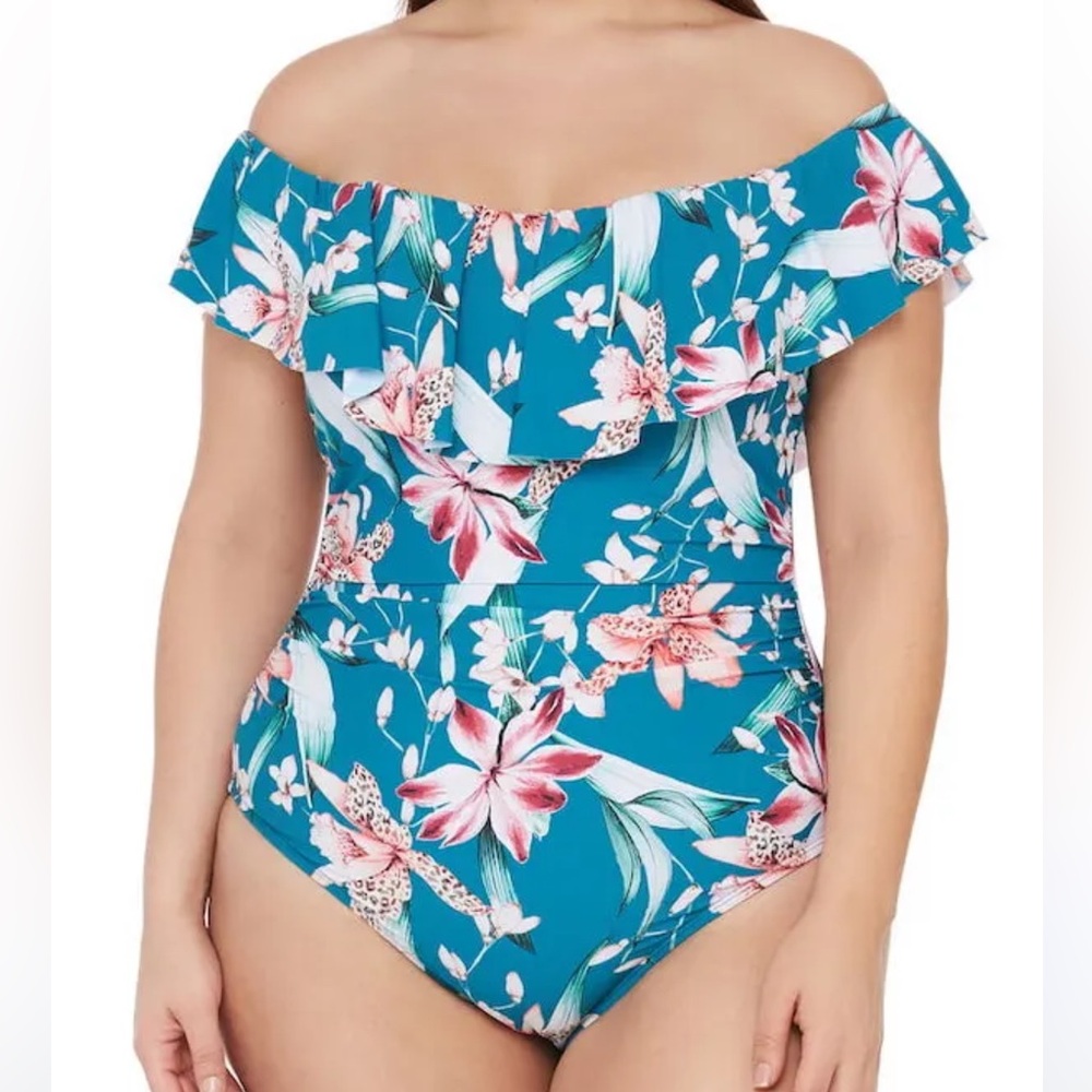 La Blanca Size 14 Teal Floral Off The‎ Shoulder Ruffle One Piece Swimsuit